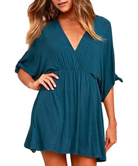 Cover-Ups Women's Deep V Neck Short Sleeve Beach Dress Loose Casual Summer Mini Dresses - Blue - C919C2LLG8C