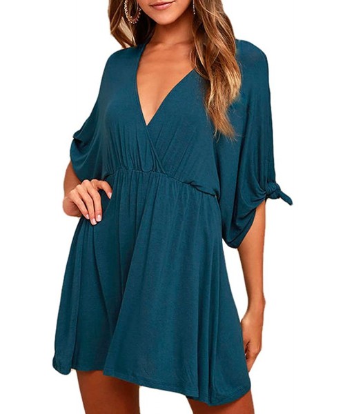 Cover-Ups Women's Deep V Neck Short Sleeve Beach Dress Loose Casual Summer Mini Dresses - Blue - C919C2LLG8C