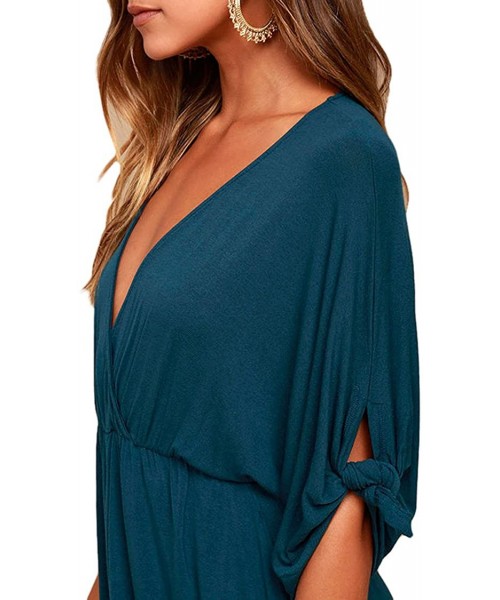 Cover-Ups Women's Deep V Neck Short Sleeve Beach Dress Loose Casual Summer Mini Dresses - Blue - C919C2LLG8C