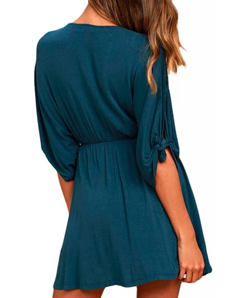 Cover-Ups Women's Deep V Neck Short Sleeve Beach Dress Loose Casual Summer Mini Dresses - Blue - C919C2LLG8C