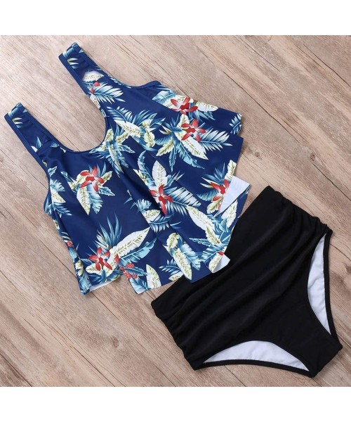 Sets Ruffled Top with High Waisted Bottom Two Piece Swimsuits for Women Tummy Control Bikini Tankini Set Beach Wear - C-light...