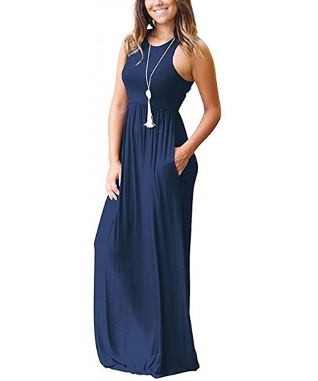 Cover-Ups Women's Sleeveless Racerback and Long Sleeve Loose Plain Maxi Dresses Casual Long Dresses with Pockets - Navy1 - CZ...