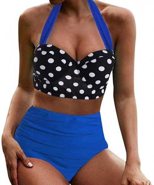 Sets Two Piece Swimsuits for Women Bathing Suits Top Halter Polka Dot High Waisted Bikini Bottoms Tankini Set - Blue - C61964...