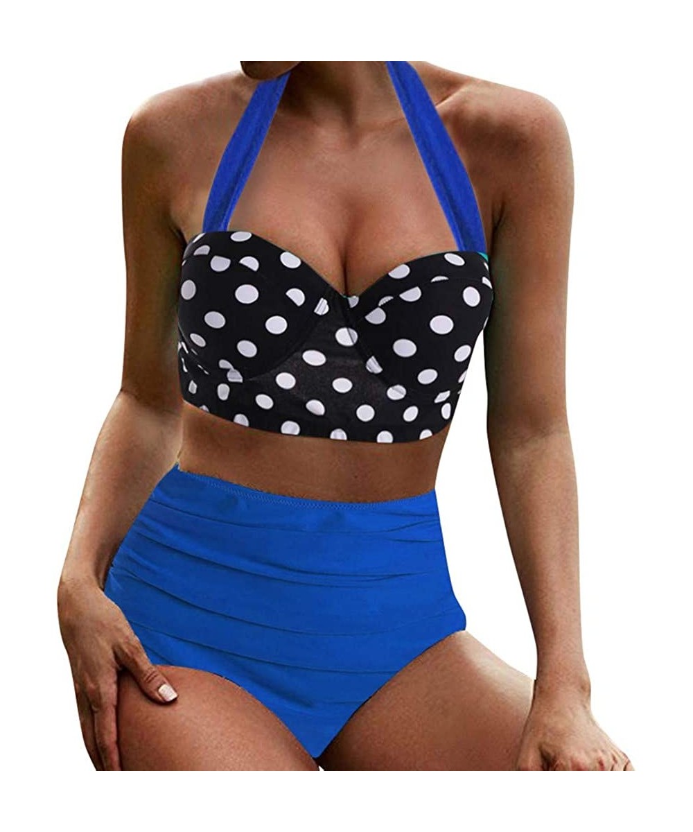 Sets Two Piece Swimsuits for Women Bathing Suits Top Halter Polka Dot High Waisted Bikini Bottoms Tankini Set - Blue - C61964...