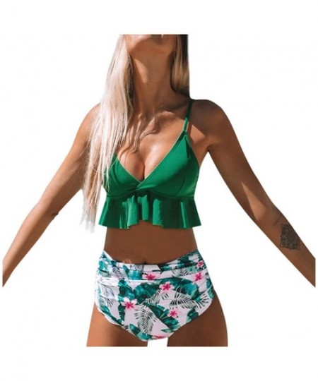 Sets Women's Sexy High Waisted Swimwear Ruffled Print Two Piece Swimsuit Beachwear Brazilian Bikini Set - A-green - CX194RN3W0Q