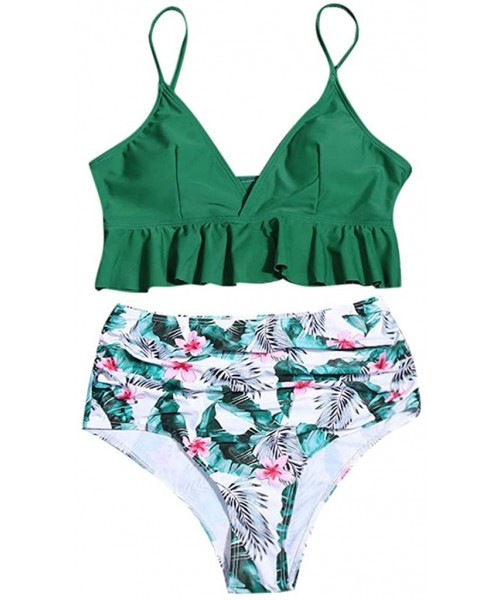 Sets Women's Sexy High Waisted Swimwear Ruffled Print Two Piece Swimsuit Beachwear Brazilian Bikini Set - A-green - CX194RN3W0Q