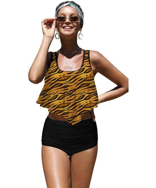 One-Pieces Womens High Waisted Swimsuit Ruffled Top Tummy Control Bathing Suits - C-tiger1 - C41962QKRDI