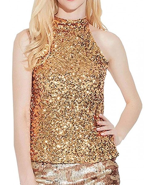 Cover-Ups Women's Sexy Sequin Tanks Glitter Sparkle Vest Halter Sleeveless Tops Slim Clubwear Bling Party Camis - Gold - C018...