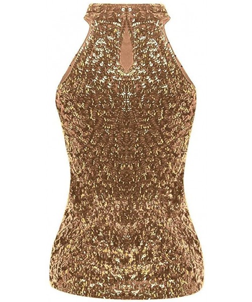 Cover-Ups Women's Sexy Sequin Tanks Glitter Sparkle Vest Halter Sleeveless Tops Slim Clubwear Bling Party Camis - Gold - C018...