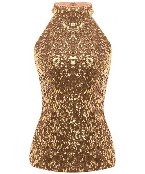 Cover-Ups Women's Sexy Sequin Tanks Glitter Sparkle Vest Halter Sleeveless Tops Slim Clubwear Bling Party Camis - Gold - C018...