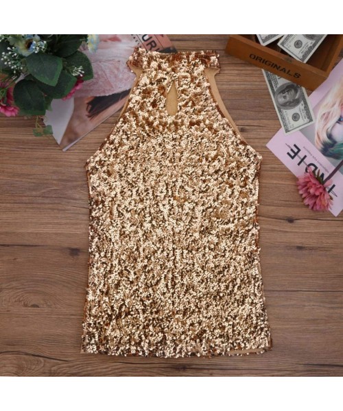 Cover-Ups Women's Sexy Sequin Tanks Glitter Sparkle Vest Halter Sleeveless Tops Slim Clubwear Bling Party Camis - Gold - C018...