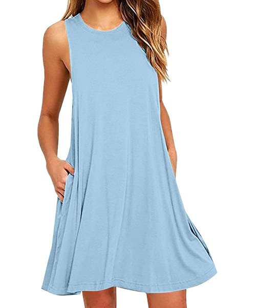 Cover-Ups Womens Summer Sleeveless Beach Dress Loose Swinsuit Sundress with Pockets Plus Size - Sky Blue - C718WGIDZL2