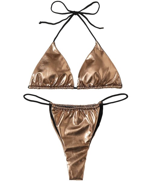 Sets Women's Metallic Tie Back String Triangle Bikini 2 Piece Swimsuit - Gold - CR192AOM3OE