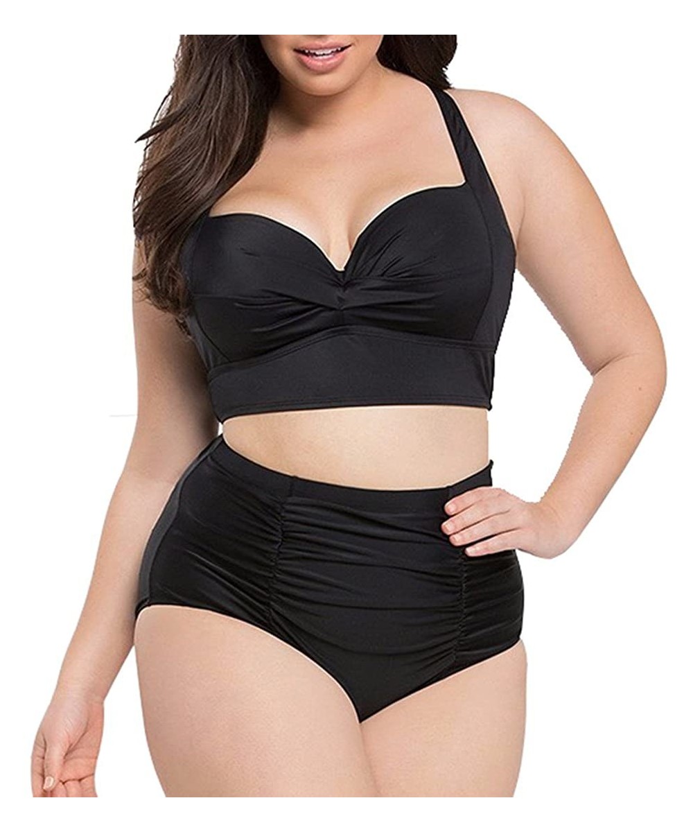 Sets Plus Size High Waist Vintage Retro Bikini Women Push Up Separate Swimwear - Black - CU17X0Q86CG