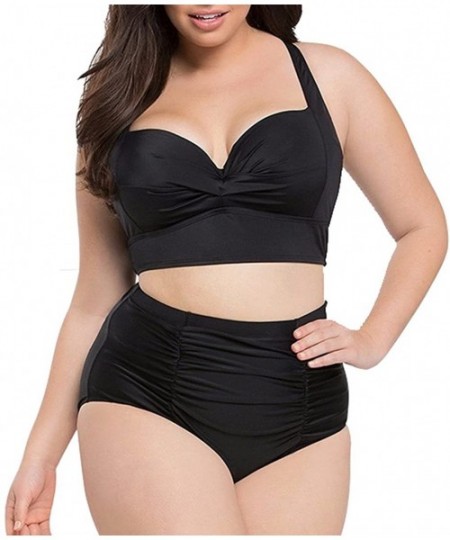 Sets Plus Size High Waist Vintage Retro Bikini Women Push Up Separate Swimwear - Black - CU17X0Q86CG