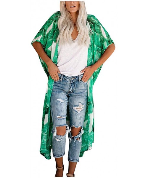 Cover-Ups Women's Beach Cover Up Cardigans Floral Bohemian Printed Open Front Draped Kimono Loose Cardigan - Green B - C9193W...