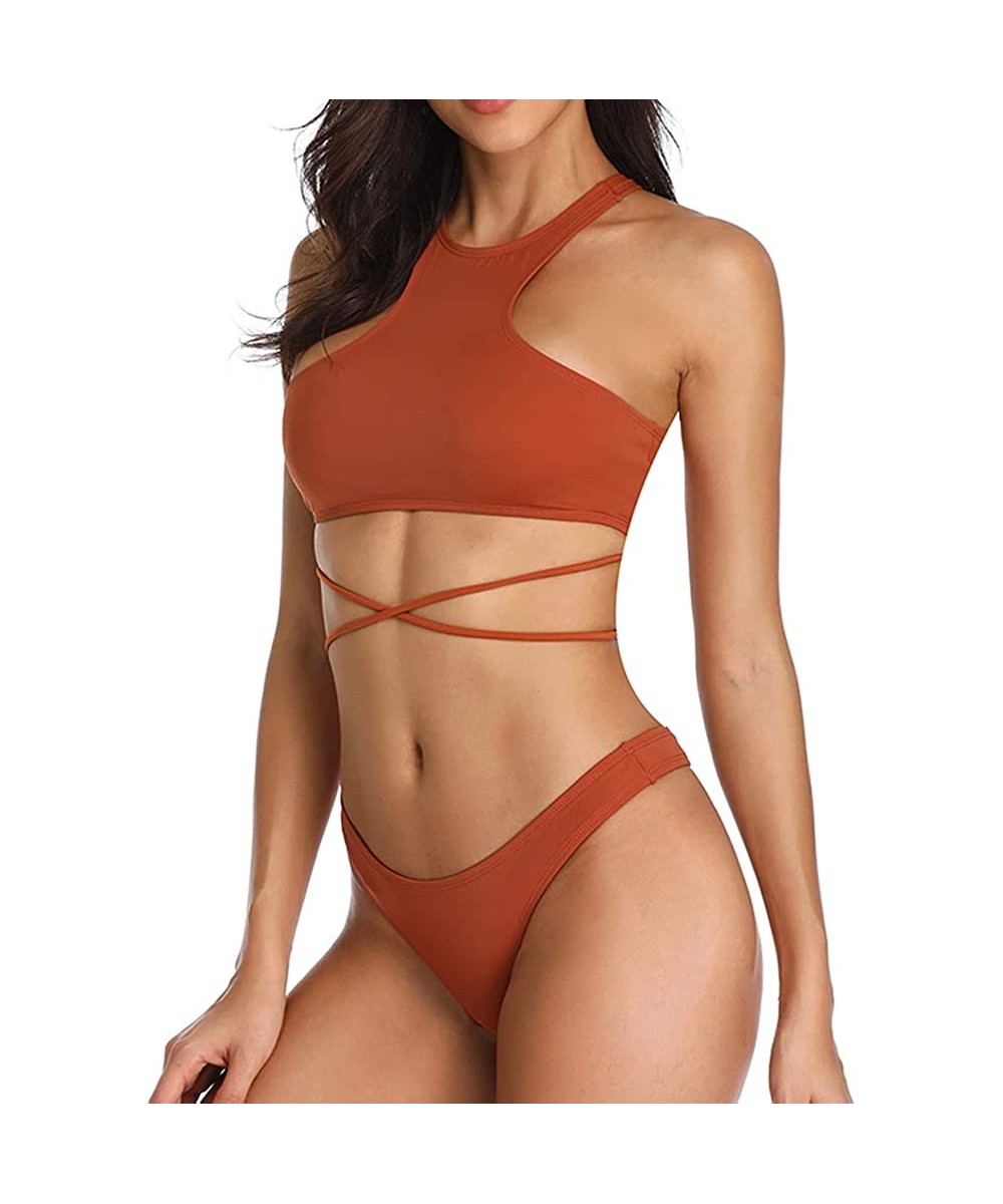 Sets Women's Thong High Neck Two Pieces Bikini Sets Swimwear Bathing Suit Lace Up Back - Rust - CW18ECMGW6A