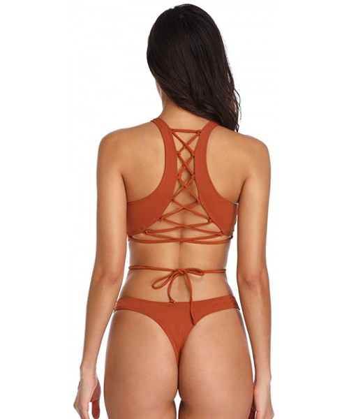 Sets Women's Thong High Neck Two Pieces Bikini Sets Swimwear Bathing Suit Lace Up Back - Rust - CW18ECMGW6A