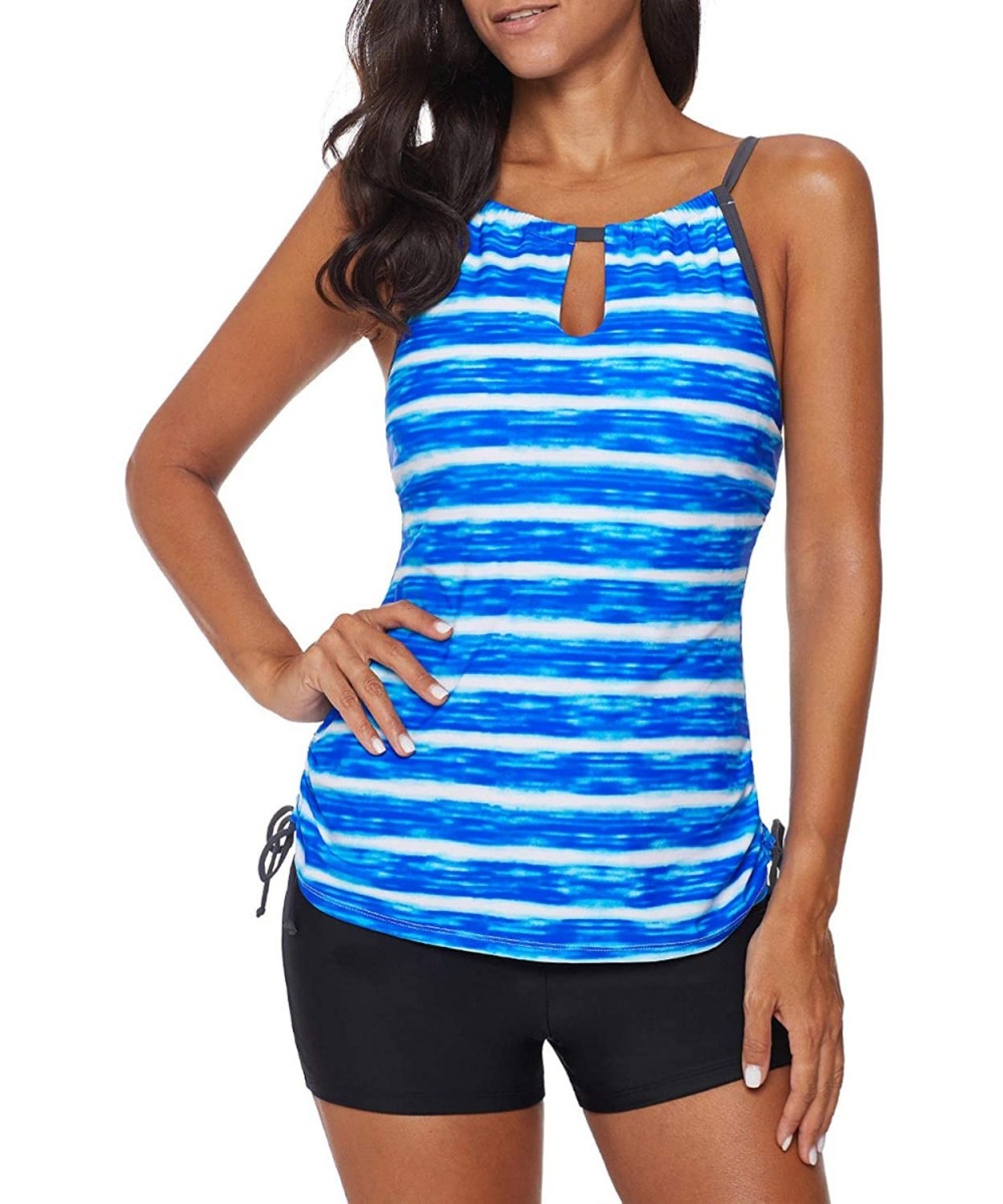 Tankinis Women's 2 Pieces Stripe Printed Tankini Top Sets with Boyshort Swimsuits Swimwear - Blue - CQ18MDIGCS0