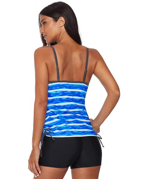 Tankinis Women's 2 Pieces Stripe Printed Tankini Top Sets with Boyshort Swimsuits Swimwear - Blue - CQ18MDIGCS0