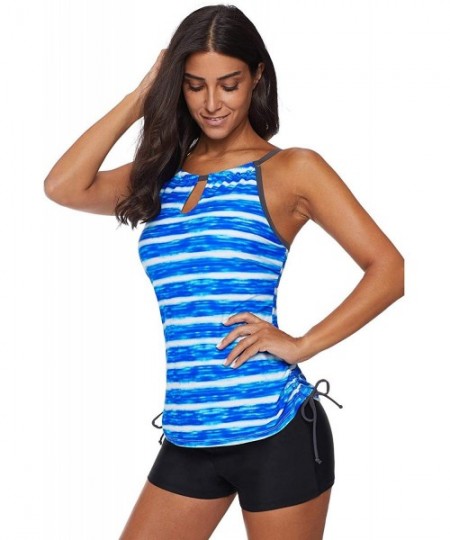 Tankinis Women's 2 Pieces Stripe Printed Tankini Top Sets with Boyshort Swimsuits Swimwear - Blue - CQ18MDIGCS0