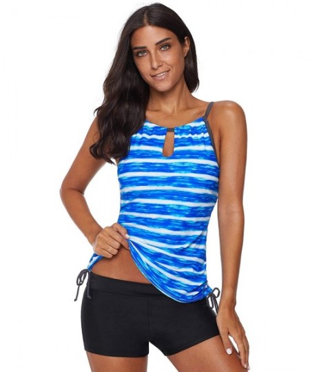 Tankinis Women's 2 Pieces Stripe Printed Tankini Top Sets with Boyshort Swimsuits Swimwear - Blue - CQ18MDIGCS0