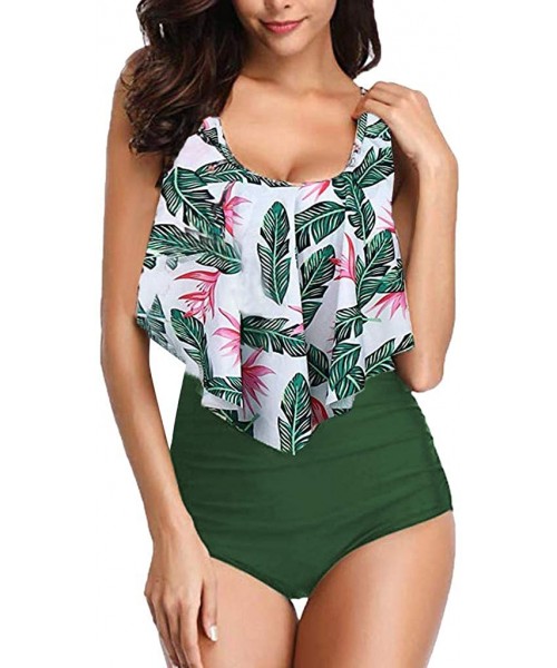 Bottoms Swimsuits for Women Two Piece Bathing Suits Ruffled Flounce Top with High Waisted Bottom Bikini Set - F-green - CL194...