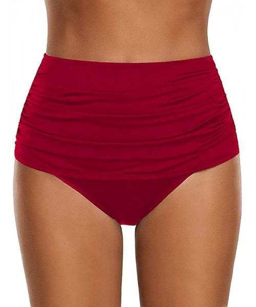 Bottoms Women's High Waisted Solid Swim Bottom Ruched Bikini Tankini Swimsuit Briefs RD/XL - Red - CF18OC26Q4L