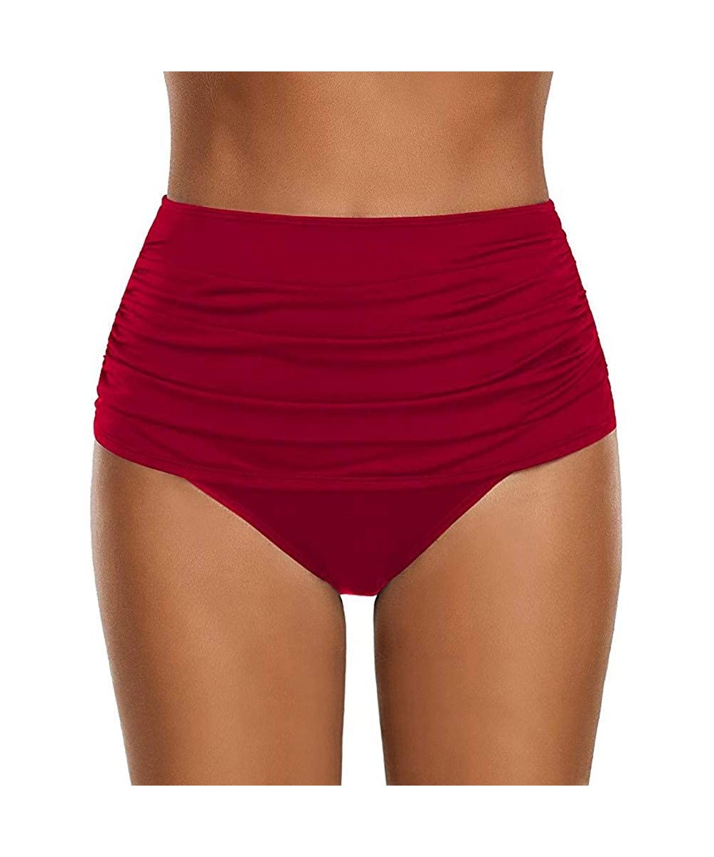 Bottoms Women's High Waisted Solid Swim Bottom Ruched Bikini Tankini Swimsuit Briefs RD/XL - Red - CF18OC26Q4L