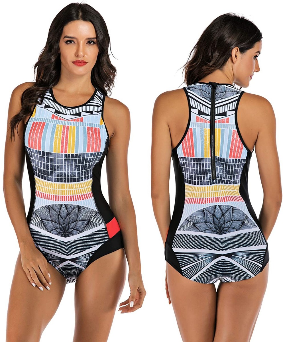 One-Pieces Women's Zip up Printed One Piece Swimsuit Half Sleeve Rash Guard Swimwear UV Protection Surfing Bathing Suits - Mu...