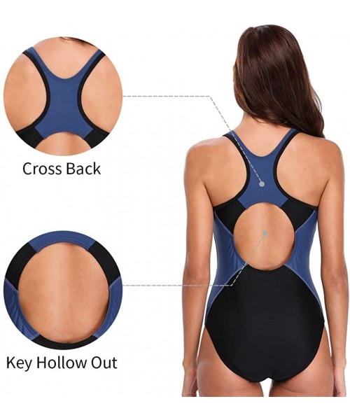 One-Pieces Chlorine Resistance Athletic One Piece Swimsuits for Women UPF 50+ Sports Bathing Suits - Black Gray - C918DOR75TR