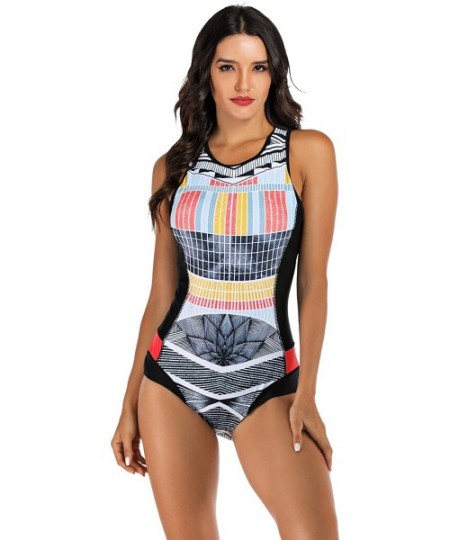 One-Pieces Women's Zip up Printed One Piece Swimsuit Half Sleeve Rash Guard Swimwear UV Protection Surfing Bathing Suits - Mu...