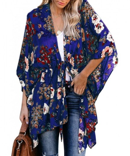 Cover-Ups Womens Floral Print Cardigan Chiffon Kimono Short Sleeve Open Front Swimsuit - Blue - CZ193Y57XK9