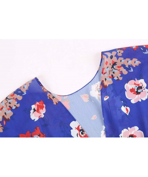 Cover-Ups Womens Floral Print Cardigan Chiffon Kimono Short Sleeve Open Front Swimsuit - Blue - CZ193Y57XK9