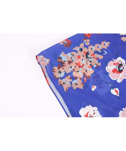 Cover-Ups Womens Floral Print Cardigan Chiffon Kimono Short Sleeve Open Front Swimsuit - Blue - CZ193Y57XK9