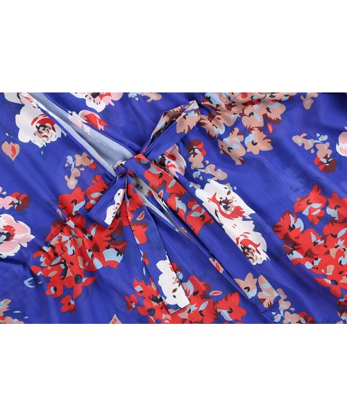 Cover-Ups Womens Floral Print Cardigan Chiffon Kimono Short Sleeve Open Front Swimsuit - Blue - CZ193Y57XK9