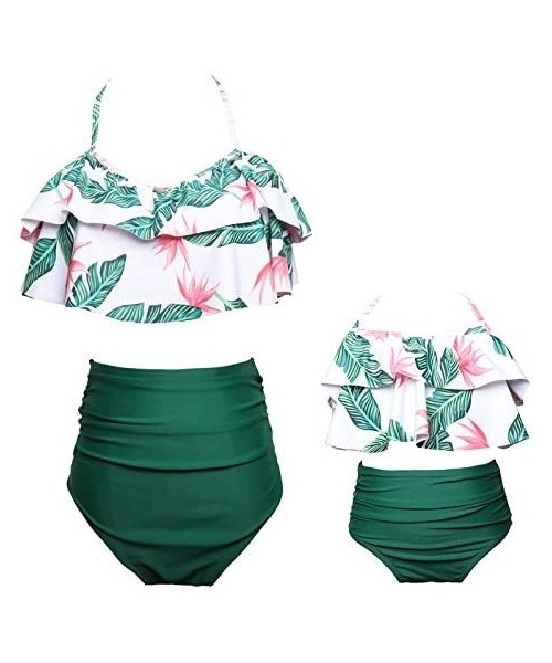 Sets Mommy and Me Retro Flounce High Waisted Bikini Halter Neck Two Piece Swimsuit Family Matching Swimwear - Girl Green Flor...