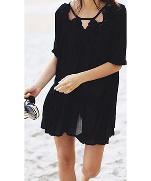 Cover-Ups Women's Cotton Beach Cover Up Dress Swimwear Bikini Swimsuit Cover Ups - Black - CO12GN3I2BX