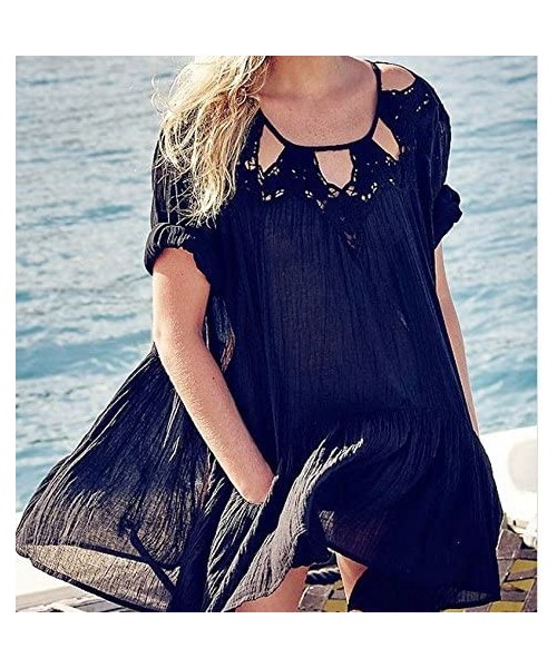 Cover-Ups Women's Cotton Beach Cover Up Dress Swimwear Bikini Swimsuit Cover Ups - Black - CO12GN3I2BX