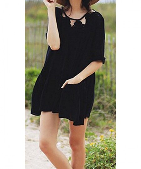 Cover-Ups Women's Cotton Beach Cover Up Dress Swimwear Bikini Swimsuit Cover Ups - Black - CO12GN3I2BX