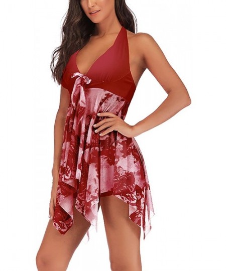 Tankinis Women's Tankini Swimdress Halter Floral Two Piece Print Swimsuit Bathing Suit - Wine Red - C718QMC2A34