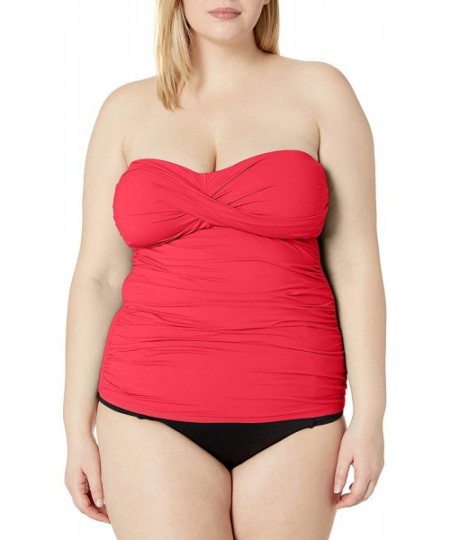 Tankinis Women's Plus Size Twist Front Bandeau Tankini Swim Top - Coral - C718ZQ7H6I0