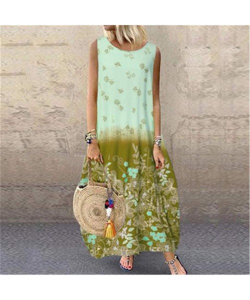 Cover-Ups Women's Sleeveless V-Neck Long Tank Dress Vintage Print Summer Boho Casual Loose Party Maxi Dresses - Z4-green - C7...