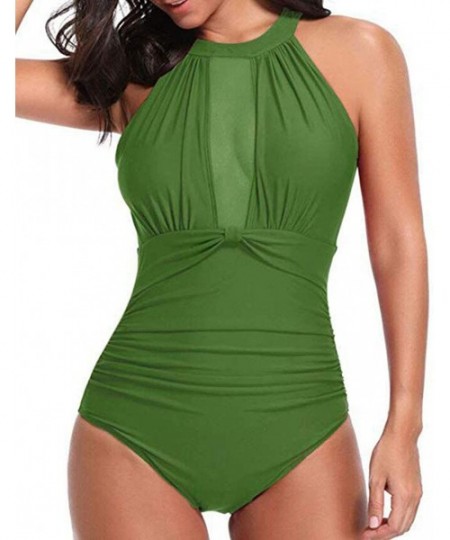 One-Pieces Women's One Piece Tankini High Neck V Neckline Swimsuit Mesh Ruched Bathing Suit Monokini Swimwear Sexy Bikini Gre...