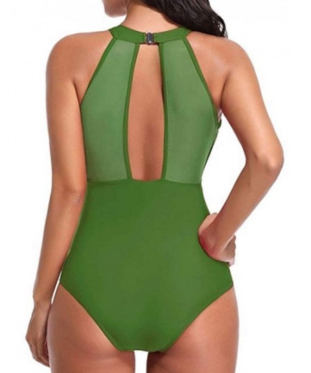 One-Pieces Women's One Piece Tankini High Neck V Neckline Swimsuit Mesh Ruched Bathing Suit Monokini Swimwear Sexy Bikini Gre...