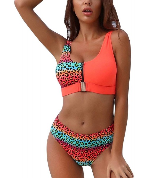 Sets Women's Leopard Bikini Set Padded Tank Top Buckle Front Low Back Two Piece Swimsuit - Orange - CG1998Z0UOS