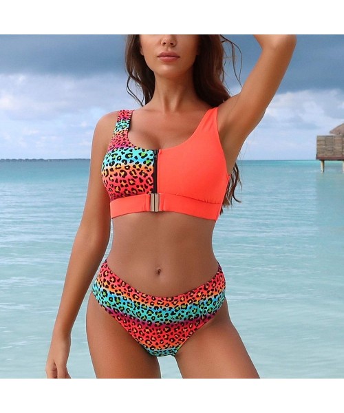 Sets Women's Leopard Bikini Set Padded Tank Top Buckle Front Low Back Two Piece Swimsuit - Orange - CG1998Z0UOS