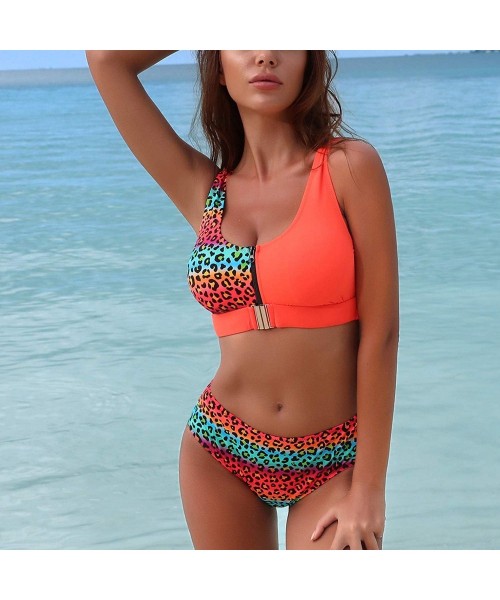 Sets Women's Leopard Bikini Set Padded Tank Top Buckle Front Low Back Two Piece Swimsuit - Orange - CG1998Z0UOS