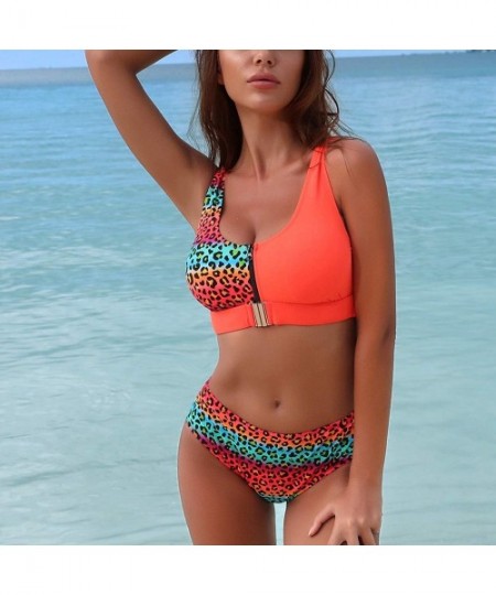 Sets Women's Leopard Bikini Set Padded Tank Top Buckle Front Low Back Two Piece Swimsuit - Orange - CG1998Z0UOS