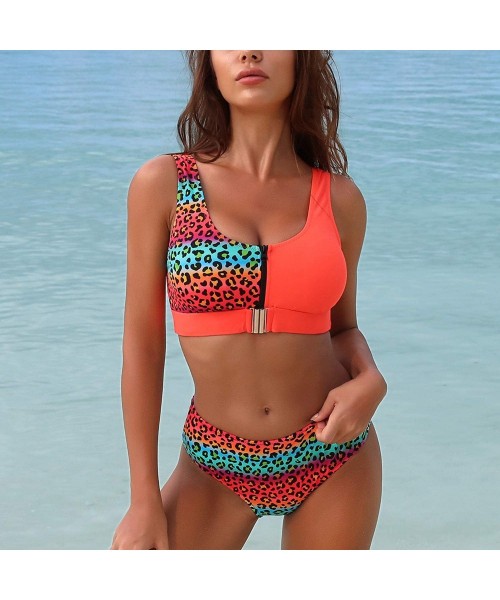 Sets Women's Leopard Bikini Set Padded Tank Top Buckle Front Low Back Two Piece Swimsuit - Orange - CG1998Z0UOS